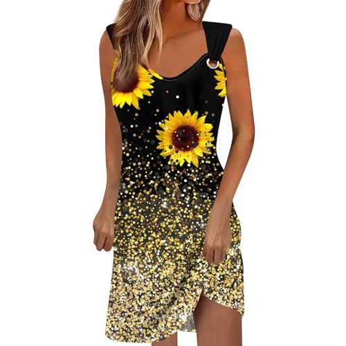 HOOUDO Damen Rundhalsausschnitt Locker Kurzarm Bedrucktes Oberteil Mit Hose Mode Große Größe 2-teiliges Set Kleid Kurz Elegant Sommerkleid Wickelkleid Kleid Schwarz Damen Party von HOOUDO