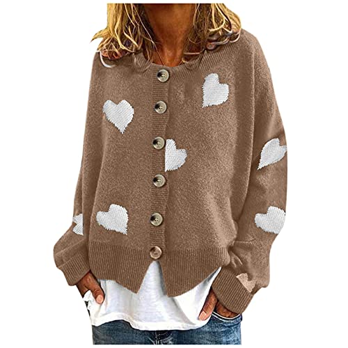 HOOUDO Strickjacke Damen Elegant Lässige Strickripppullover mit O-Ausschnitt Croissant Ring (Khaki, XL) von HOOUDO