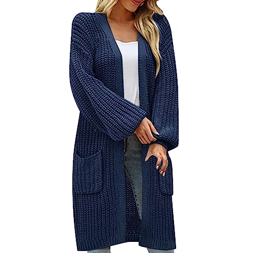 HOOUDO Strickjacke Damen Lang Ärmeln, lockeren großen Taschen, lässiger Strickpullover Strickjacken Clip (Navy, XXXXL) von HOOUDO