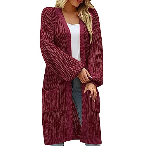 HOOUDO Strickjacke Damen Lang Ärmeln, lockeren großen Taschen, lässiger Strickpullover Strickjacken Clip (Red, L) von HOOUDO