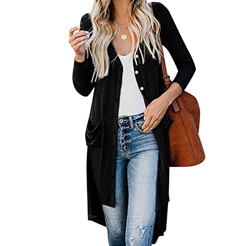 HOOUDO Strickjacke Damen Lang Langer, übergroßer Strickmantel, langärmelig, mit Knöpfen, Lockerem V-Ausschnitt, Strickjacke mit Taschen Paar Pulli (Black, XXL) von HOOUDO