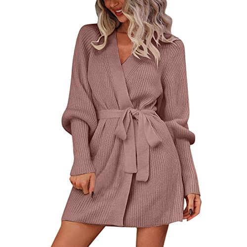 HOOUDO Strickjacke Damen Modern V Neck Soft Strickpullover Open Front Cardigan Coat Outwear mit Gürtel Strickjacke Schwarz Herren (B, M) von HOOUDO