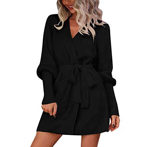 HOOUDO Strickjacke Damen Modern V Neck Soft Strickpullover Open Front Cardigan Coat Outwear mit Gürtel Strickjacke Schwarz Herren (Black, S) von HOOUDO