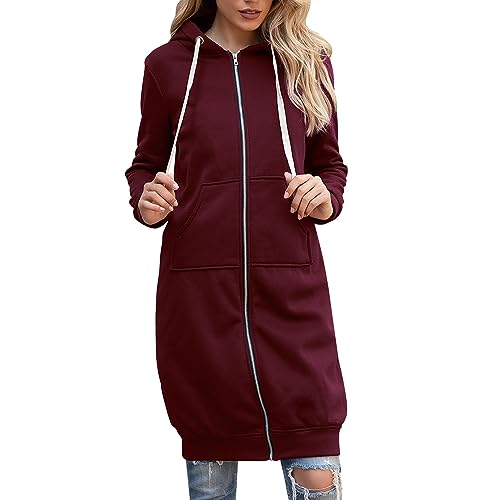 HOOUDO Sweatjacke Damen Kapuzenjacke Sweatshirt Herbst Winter Warm Lang Kapuzenmantel Elegante Hoodies Sweatshirt Mit Kapuze und Reißverschluss Kapuzenpullover Outwear Langen Mantel Jacke Tops von HOOUDO