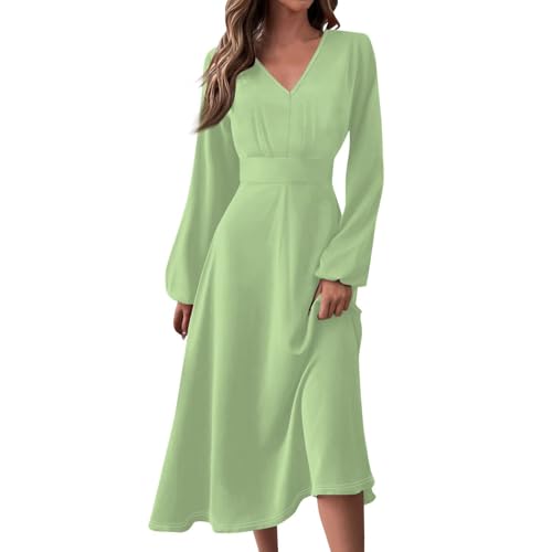 HOOUDO Tages Angebote Sale Damen 2024 V-Ausschnitt Langarm und Fließendes Swing Mode Elegant Lässig Langes Kleid für Damen Kleid Übergröße Elegante Freizeitkleider Sommerkl Sale Angebote Bestellung von HOOUDO