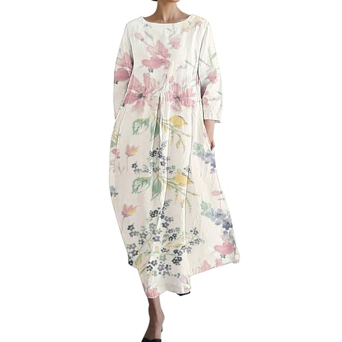 HOOUDO Tagesangebote Heute Sale Lässiges, lockeres Kleid für Damen im Retro-Stil mit botanischem Blumenmuster und Tasche Blaue Kleider Damen Lässiges Sommerkleid Sommerkleider Mein Bestellung Sale von HOOUDO