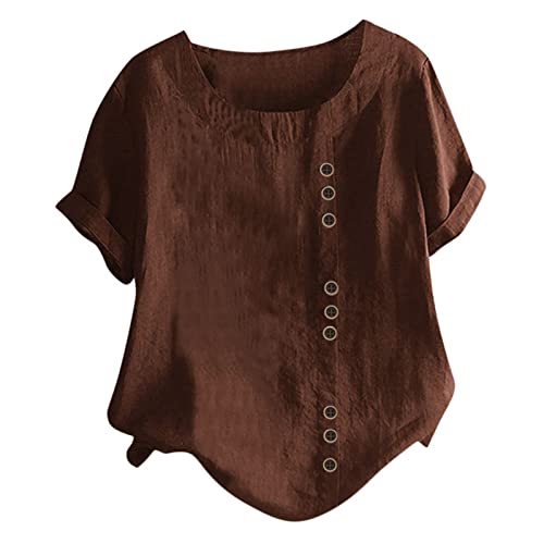 Tshirt Damen Sommer Cool T Shirts TäGliche Freizeit Knopf-Boho Leinen Damenbluse Lockere Bequeme Rundhals Kurzarm Einfarbiges Basic Tops Pullover-Oberteil von HOOUDO