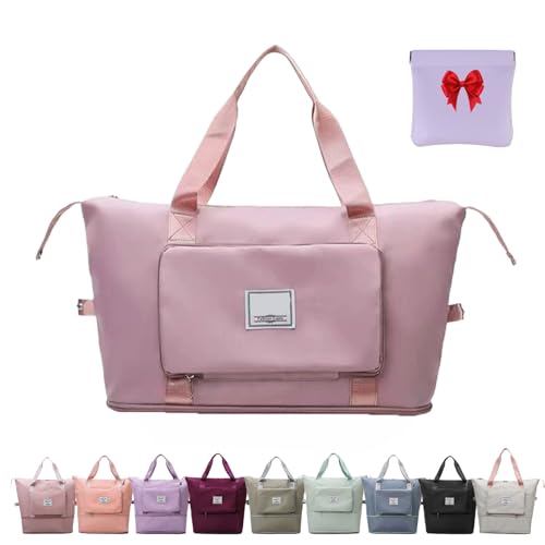Foldie Travel Bag Expandable, Foldable Travel Duffel Bag, Large Capacity Folding Travel Bag, Lightweight Waterproof Weekender Overnight Bag for Women and Men (Pink) von HOPASRISEE