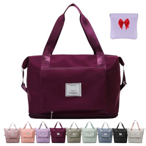Foldie Travel Bag Expandable, Foldable Travel Duffel Bag, Large Capacity Folding Travel Bag, Lightweight Waterproof Weekender Overnight Bag for Women and Men (Wine) von HOPASRISEE