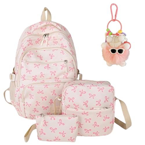 HOPASRISEE Bow Backpack for Girls, rucksack aesthetic with Lunch Box Pencil Case, Cute Water Resistant College School Backpack for Middle & High School (Rosa) von HOPASRISEE