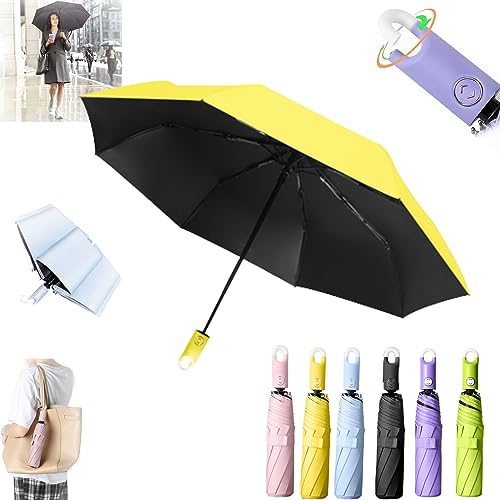 HOPASRISEE Dreifach faltbarer, selbstöffnender und einfahrender Regenschirm mit Schnalle, automatisch öffnender und schließender Regenschirm, kleiner UV-Sonnen-Kompaktschirm (Gelb) von HOPASRISEE