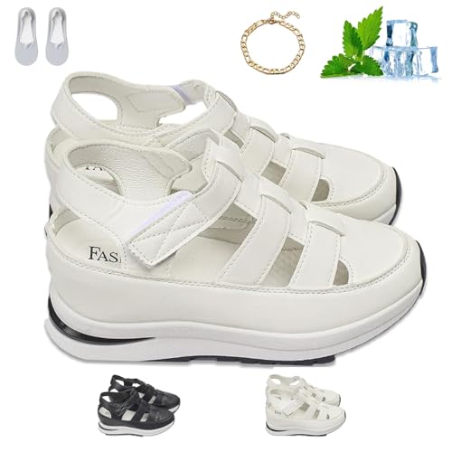 Sandalen Vorne Geschlossen Damen, 2025 Warmsday Neue Bequeme, Leichte Keilsandalen Mit Seitlichem ReißVerschluss, Atmungsaktiv OrthopäDische Sandalen FüR Trekking, Verstellbar(Weiß,40EU) von HOPASRISEE