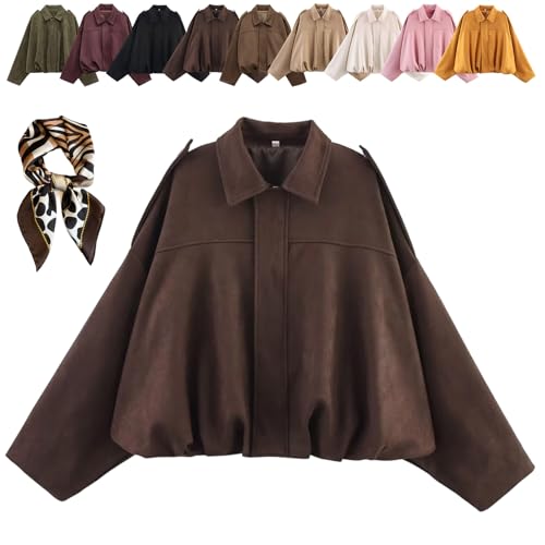 HOPASRISEE Wildlederjacke Damen Bomberjacke Damen: Oversized Bomberjacke Aus Weichem Kunstwildleder, Streetwear Winterjacke Für Herbst übergangszeit, Kurze Lederjacke Im Casual Look (Braun,M) von HOPASRISEE
