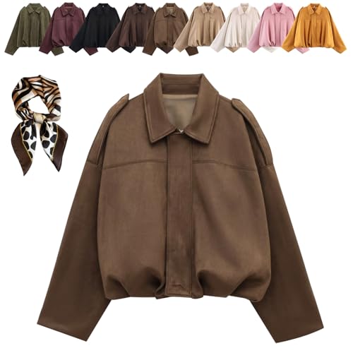 HOPASRISEE Wildlederjacke Damen Bomberjacke Damen: Oversized Bomberjacke Aus Weichem Kunstwildleder, Streetwear Winterjacke Für Herbst übergangszeit, Kurze Lederjacke Im Casual Look (Dunkelbraun,L) von HOPASRISEE