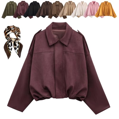 HOPASRISEE Wildlederjacke Damen Bomberjacke Damen: Oversized Bomberjacke Aus Weichem Kunstwildleder, Streetwear Winterjacke Für Herbst übergangszeit, Kurze Lederjacke Im Casual Look (Weinrot,M) von HOPASRISEE