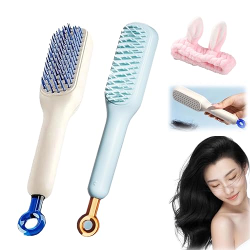 Self-Cleaning Anti-Static Massage Comb, One-Pull Clean Massage Comb, One Pull Clean Massage Brush, Scalable Rotate Lifting Self Cleaning Hairbrush Hair Styling Tools For Women (blau+weiß) von HOPASRISEE