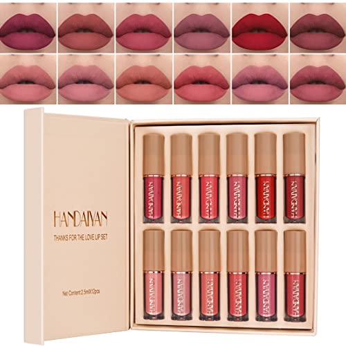 12 Colors Matt Ink Lippenstift Set Velvet Matte Nude Rose Pink Waterproof Long-Lasting Non-Stick Cup Not Fade Shimmer HANDAIYAN Lip Gloss (Set B) von HOPHAT