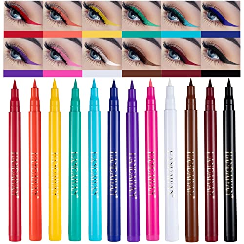 12 Colors Matte Liquid Eyeliner Set Rainbow Colorful Neon Eyeliner Pencil Pigmentierter Wasserfester Wischfester Long Lasting Smudge-Proof Gel Eye Liner Christmas Makeup Gift Kit for Women von HOPHAT