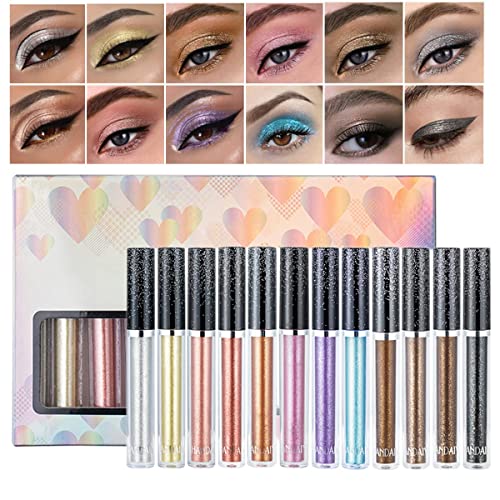 12 farbiges flüssiges Lidschatten Set Glitzer Lidschatten Schimmer Smokey wasserdichtes schnell trocknendes Liquid Lidschatten Makeup Set Geschenk für Frauen von HOPHAT