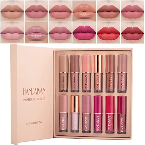 12 Colors Matt Ink Lippenstift Set Velvet Nude Rose Pink Waterproof Long-Lasting Non-Stick Cup Not Fade Shimmer Lip Gloss Roter Liquid Lipstick Gift For Women von HOPHAT