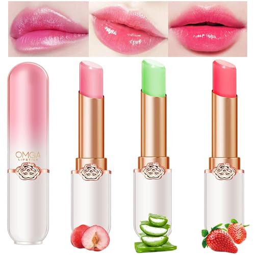 3 Packs Jelly Lipstick Set, Fruit Color Change Lip Balm Set, Peach Aloe Vera Strawberry Color Change Lip Balm, Long Lasting Moisturizer Lip Makeup Set (3PCS) von HOPHAT