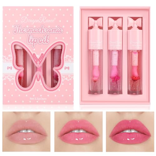 3PCS Gold Foil Flower Colour Changing Lip Oil Set – Temperature Reactive Tinted Lip Gloss, Moisturising Lip Care Set von HOPHAT