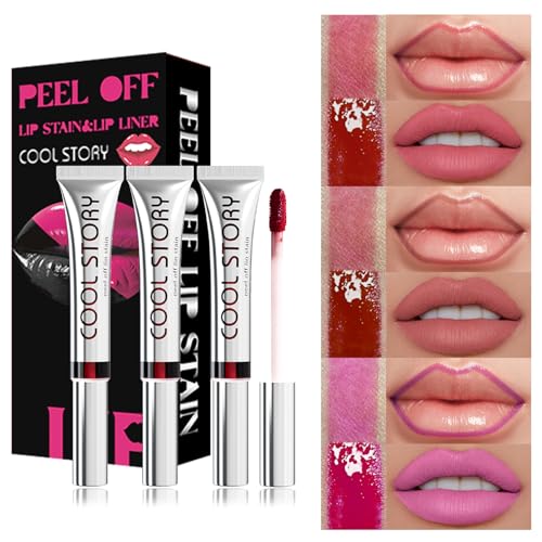 3PCS Peel Off Lip Stain Lip Tint Set, Matte Lipstick & Lip Liner, Waterproof Long Lasting Peel Off Lip Gloss, Lip Liner Lip Makeup Kit (Color, Set B) von HOPHAT