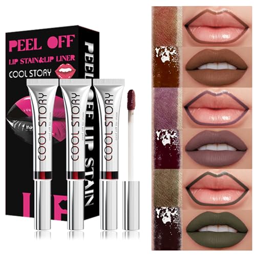 3PCS Peel Off Lip Stain Lip Tint Set, Matte Lipstick & Lip Liner, Waterproof Long Lasting Peel Off Lip Gloss, Lip Liner Lip Makeup Kit (Color, Set C) von HOPHAT