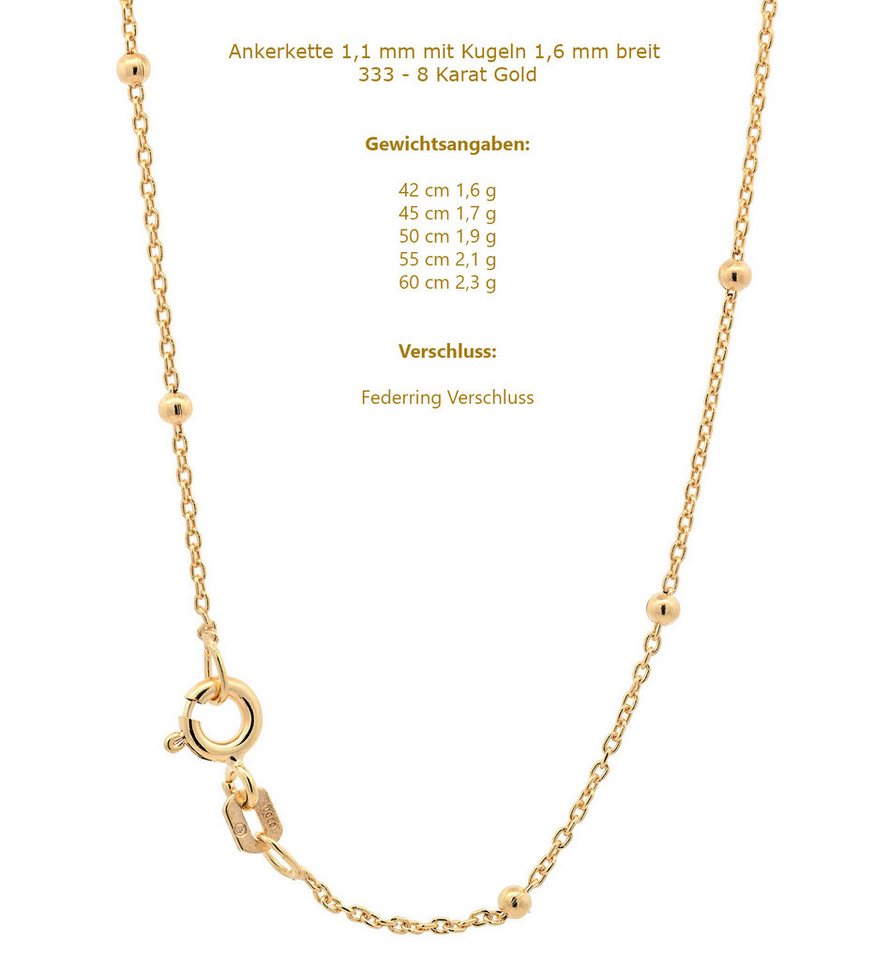 HOPLO Goldkette Goldkette Ankerkette 1,1 mm mit Kugeln 1,6mm 333 - 8 Karat Gold 42 cm, Made in Germany von HOPLO