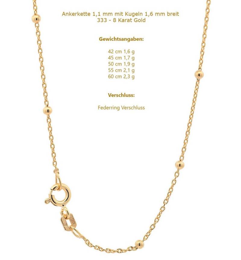 HOPLO Goldkette Goldkette Ankerkette 1,1 mm mit Kugeln 1,6mm 333 - 8 Karat Gold 42 cm, Made in Germany von HOPLO