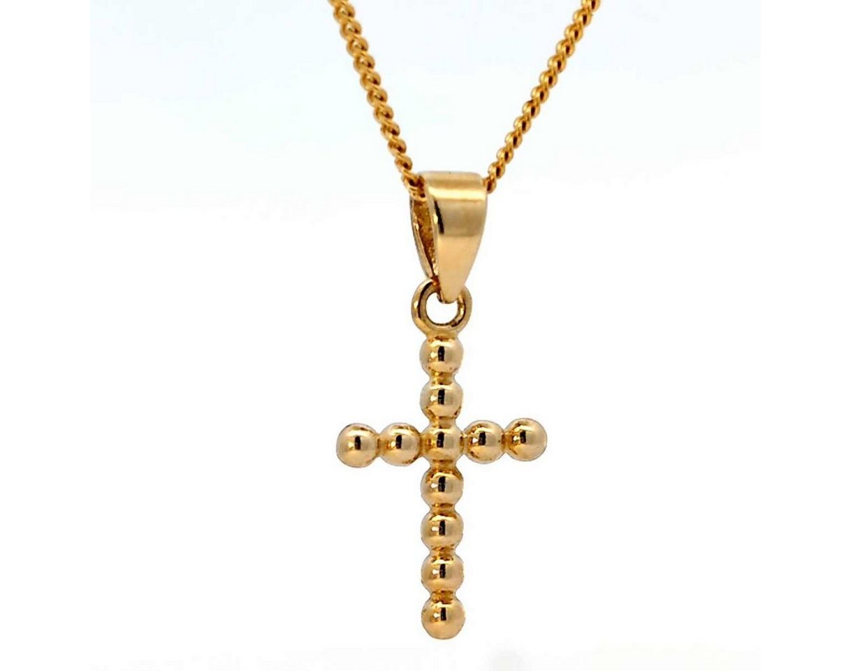 HOPLO Kreuzanhänger Anhänger Kreuz Kügelchen 585 Gold mit massiver Goldkette 1,1 mm, Made in Germany von HOPLO