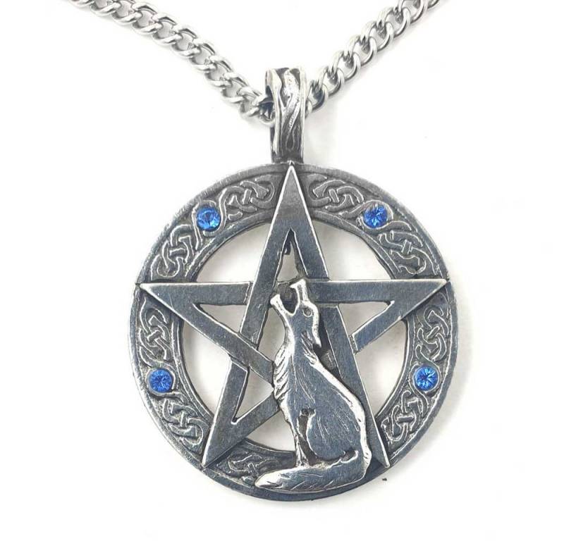 HOPLO Kettenanhänger Heulender Wolf Pentagramm Amulett versilbert Talisman 31 mm von HOPLO