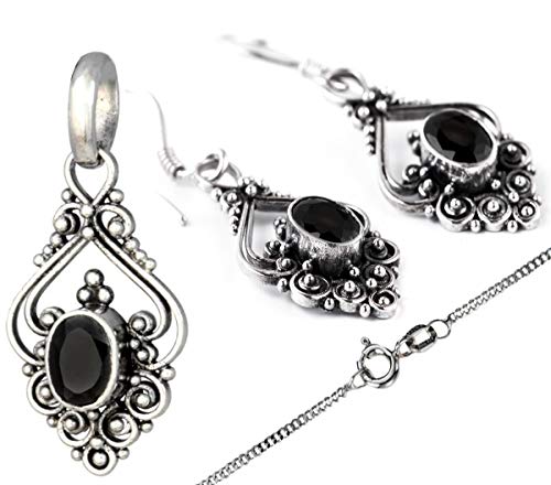 Jugendstil Schmuck Set Silberanhänger, Kette, Ohrringe Kristall, Schwarz 925er Silber von HOPLO