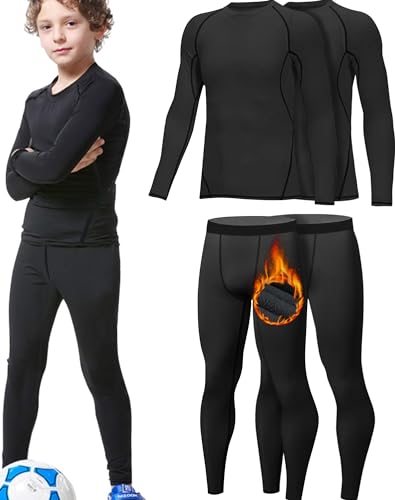 HOPLYNN 2er Pack Thermounterwäsche Set für Kinder Funktionsunterwäsche Skiunterwäsche Jungen Atmungsaktiv Thermo Unterwäsche Warme Fussball Ski Mit Fleecer Schwarz-XL von HOPLYNN