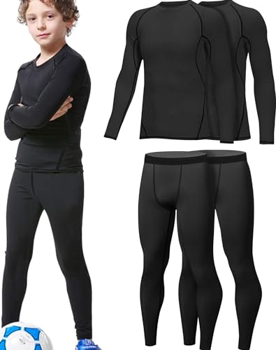 HOPLYNN 2er Pack Thermounterwäsche Set für Kinder Funktionsunterwäsche Skiunterwäsche Jungen Atmungsaktiv Thermo Unterwäsche Warme Fussball Ski Schwarz-XL von HOPLYNN