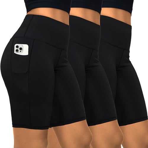 HOPLYNN 3er Pack Gym Shorts Damen Kurze Hose Sporthose High Wasit Radlerhose mit Taschen Laufshorts Fitness 3Schwarz-L von HOPLYNN
