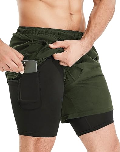 HOPLYNN Herren 2 in 1 Shorts Sommer Schnelltrocknende Laufshorts mit Taschen Sport Kurze Hosen Fitness Laufhose Green M von HOPLYNN