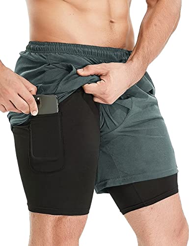 HOPLYNN Herren 2 in 1 Shorts Sommer Schnelltrocknende Laufshorts mit Taschen Sport Kurze Hosen Fitness Laufhose Light Grau S von HOPLYNN