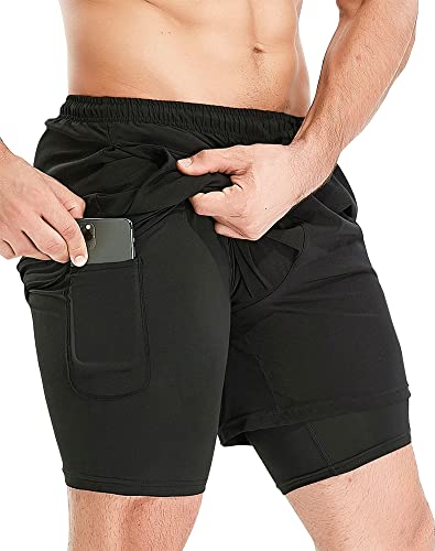 HOPLYNN Herren 2 in 1 Shorts Sommer Schnelltrocknende Laufshorts mit Taschen Sport Kurze Hosen Fitness Laufhose Schwarz XL von HOPLYNN