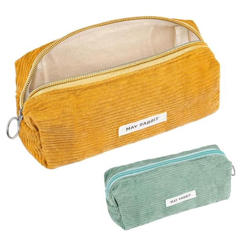 HOPNKN Federmäppchen, 2 Stück Mäppchen Cord-Stoff, Schlamppermäppchen Damen, Teenager Stiftetasche Federtasche Pencil Case Cord Federtasche für Mädchen Teenager Schule, Büro(Grün, Gelb) von HOPNKN