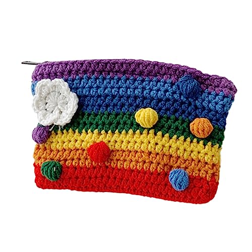 HORIALENCE 1stück Regenbogenfarbige Strickhandtasche Aus Bunte Geldbörse Mit Blumen-Applikationen Für Damen Praktisches Accessoire Für Alltag von HORIALENCE