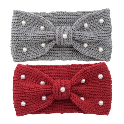 HORIALENCE 2 Stück Stirnband Damen Winter Warmes Ohrwärmer Haarband mit Eleganter Perlen Schleife Vielseitig als Headwrap und Haarschmuck Atmungsaktiv für Alltag und Besondere Anlässe von HORIALENCE