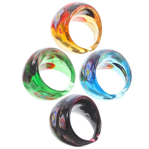 HORIALENCE 4 Stck Teiliges Farbige Glasringe für Damen Dekorative Fingerringe Gelb Grün Blau und Schwarz Geeignet für Alltag Partys und Cosplay Robuste und Stilvolle Glasmaterialien von HORIALENCE