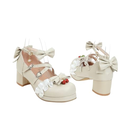 HORIALENCE Damen Halbschuhe mit Schleifen Mittelhoher Blockabsatz rutschfeste Sohle Atmungsaktive Innensohle Bequeme Prinzessin Schuhe für Frühling Herbst Modisch und Vielseitig von HORIALENCE