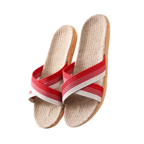 HORIALENCE Damen Hausschuhe Rot Rutsch Flachs Material Leicht Innenbereich Komfortable Sommerschuhe Für Zuhause Weiche Atmungsaktive Pantoffeln von HORIALENCE