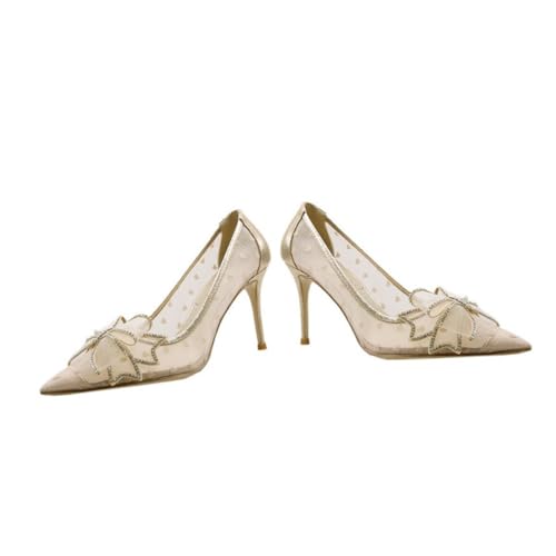 HORIALENCE Damen High Heels Netzgarn Spitz mit Schleife Bequeme Stabile Absatzschuhe für Frühling und Sommer Pumps für Alltag und Besondere Anlässe Atmungsaktive Damenschuhe in Beige von HORIALENCE