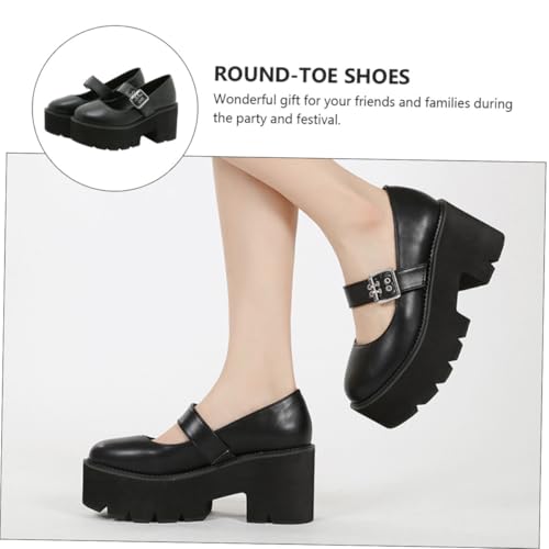 HORIALENCE Damen Lederschuhe mit Runder Spitze und Dicker Sohle Flache rutschfeste Shallow Mouth Schuhe mit Metallschnalle Modische Halbschuhe für Alltag und Kostüm Schwarz von HORIALENCE