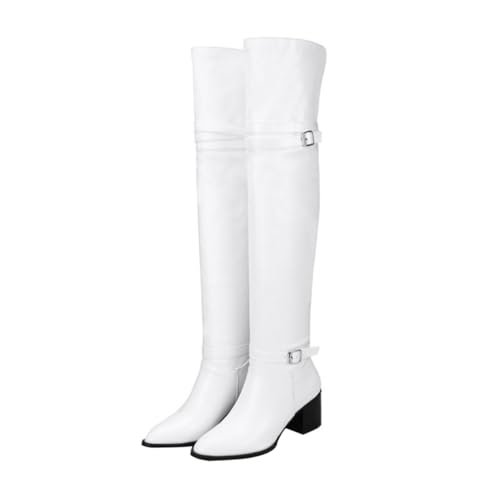 HORIALENCE Damen Overknee Stiefel Weiß Warme Langschaft Boots mit Dickem Absatz Rutschfeste Sohle Atmungsaktiv Herbst Winter Schuhe für Damen Bequeme Lange Stiefel gegen Kälte von HORIALENCE