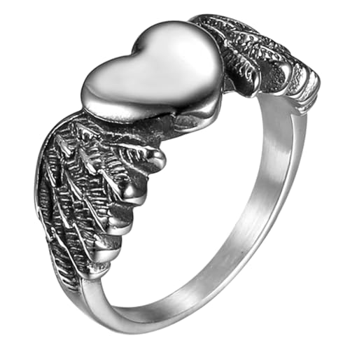 HORIALENCE Herzförmiger Damenring mit Engelsflügel motiv Leichter Schmuck in Retro schwarz Modischer Fingerschmuck für Frauen Geschenkidee zu Geburtstag und Alltag von HORIALENCE