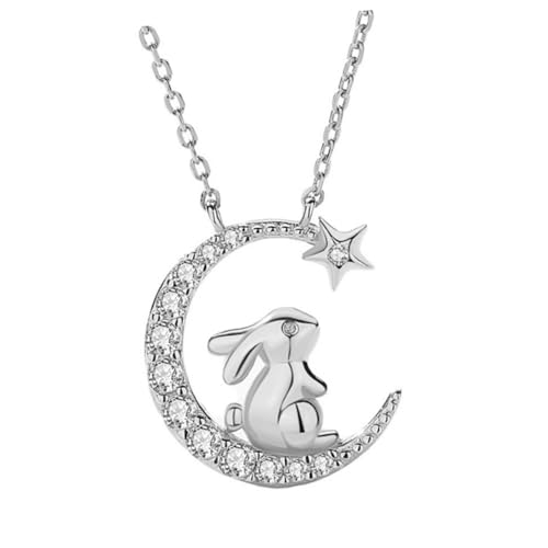 HORIALENCE Hasenkette 925 Sterling Silber mit Strass für Frauen Cartoon Halskette für Mädchen Niedliche Mond und Sternanhänger für Besondere Anlässe von HORIALENCE
